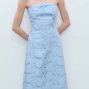 Mango Strapless Light Blue Lace Midi Dress
